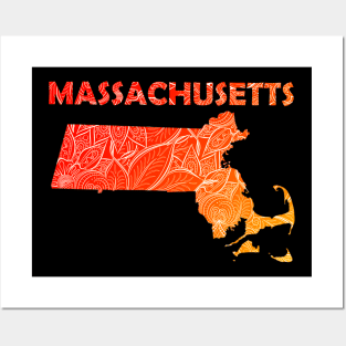 Colorful mandala art map of Massachusetts with text in red and orange Posters and Art